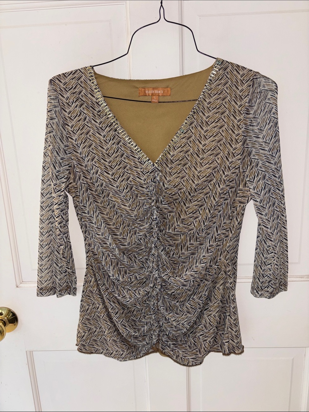 Ellen Tracy Olive and Black Ruched V-Neck Long Sleeve Top
